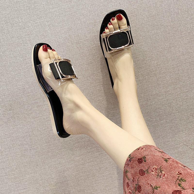 Versatile trend non-slip square buckle slippers women's outer wear summer  fashionable transparent casual and comfortable slippers