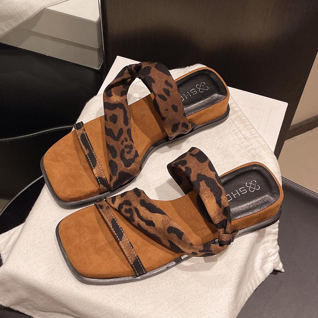 Wedge Heel French One-word with Open-toe Sandals for Women In Summer 2025, New Versatile Two, Wearing Leopard Print One-word Slippers for Women
