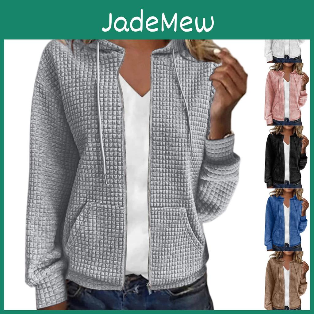 Color Hooded Solid Zipper Womens Cardigan Long Sleeved Sweatshirt Jacket