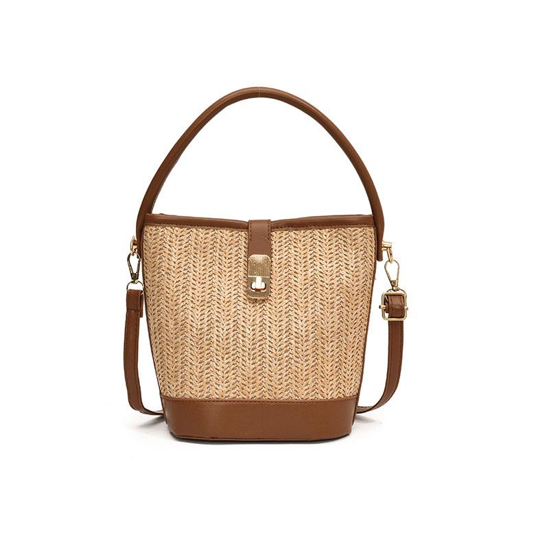 

Женская плетеная сумка-ведро из соломы с цветными блоками на весну/лето 2024 года - Универсальный дизайн во французском стиле