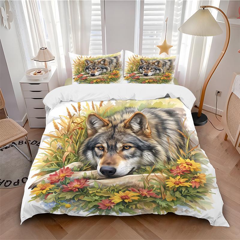 3pcs Serene Wolf amidst Nature's Splendor Printed Duvet Cover Set (1 * Cover+2 * Pillowcase, Without Core), Suitable for Home Bedroom, Guest Room