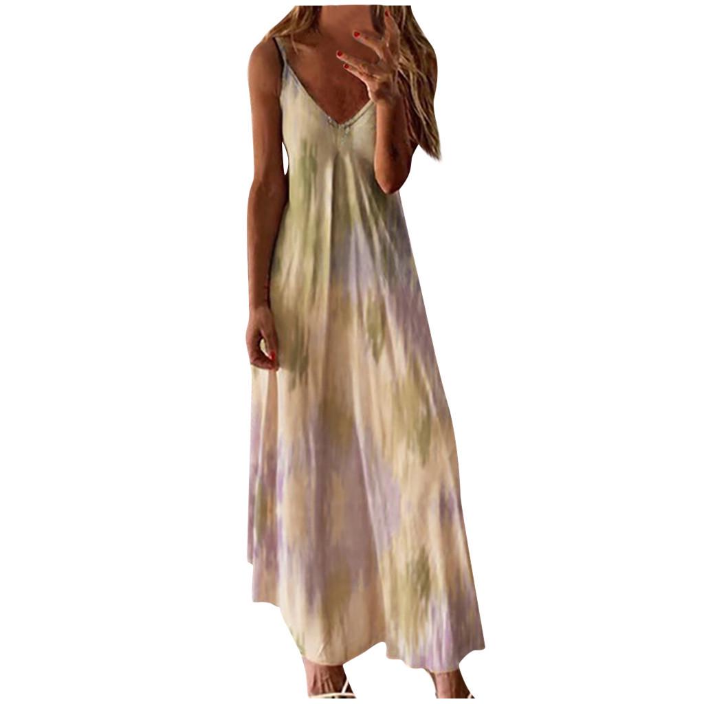 Fashion Women Sexy Plus Size Tie-dye Print Sleeveless V-Neck Camisole Long Dress