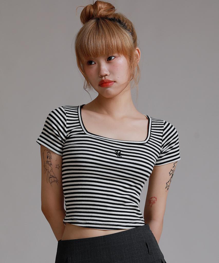 LIKE THE MOST Striped Square Neck Half T-Shirt_Black