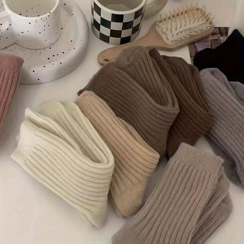 5 Pairs of Mixed Color Autumn and Winter Striped Thick Warm Retro Coffee Women's Socks Dopamine Women's Mid Tube Socks