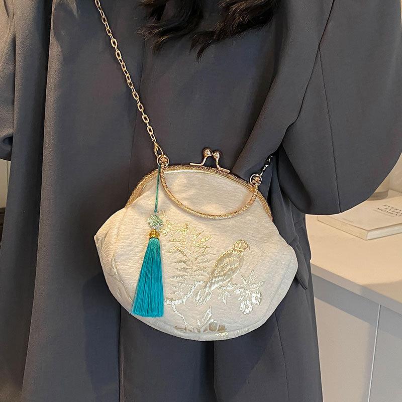 Fashion Vintage Fringe Bag Small Shell Bags Chain Women Shoulder Crossbody Bag Crane Flying Women's Handbags Purses Embroidery