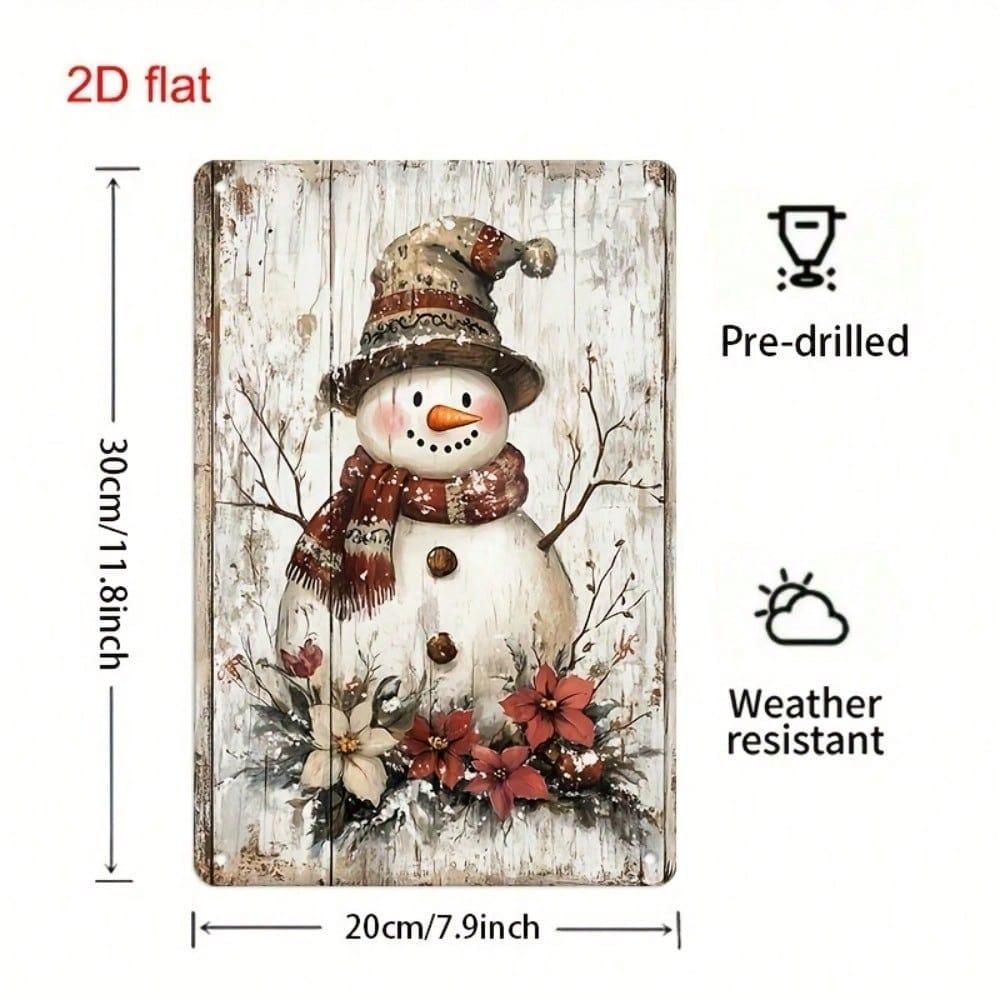 Vintage Snowman Floral Metal Sign 7.9x11.8in, 2D Tin Plaque, Durable Pre-Drilled Wall Decor for Garden/Office