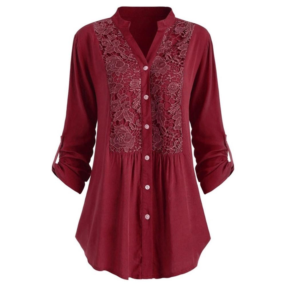 Women Solid Color Lace Splicing Single Breasted Shirt Casual Stand Collar Long Sleeves Plus Size T-Shirt Loose Cotton Blouse
