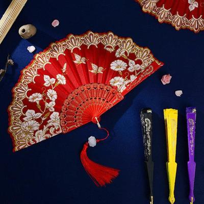 Chinese Luxury Folding Fan with Tassel Pendant Retro Silk Floral Butterfly Pattern Handheld Fan Decorative Children Fan for Weddings Parties Dances