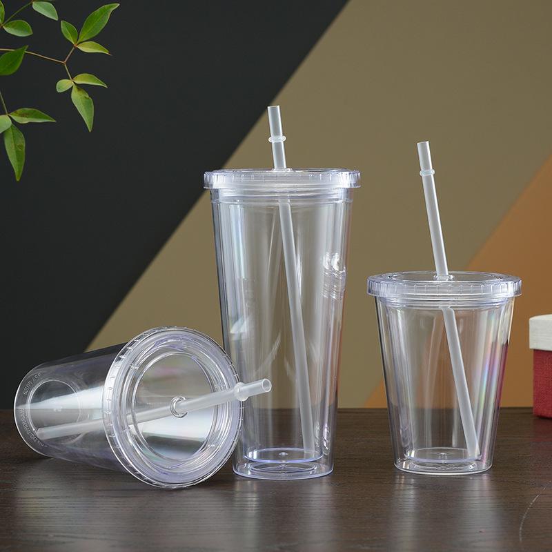 16oz Glitter Insert Double Layer Straw Cup with Lid - 450ML Transparent Solid Color