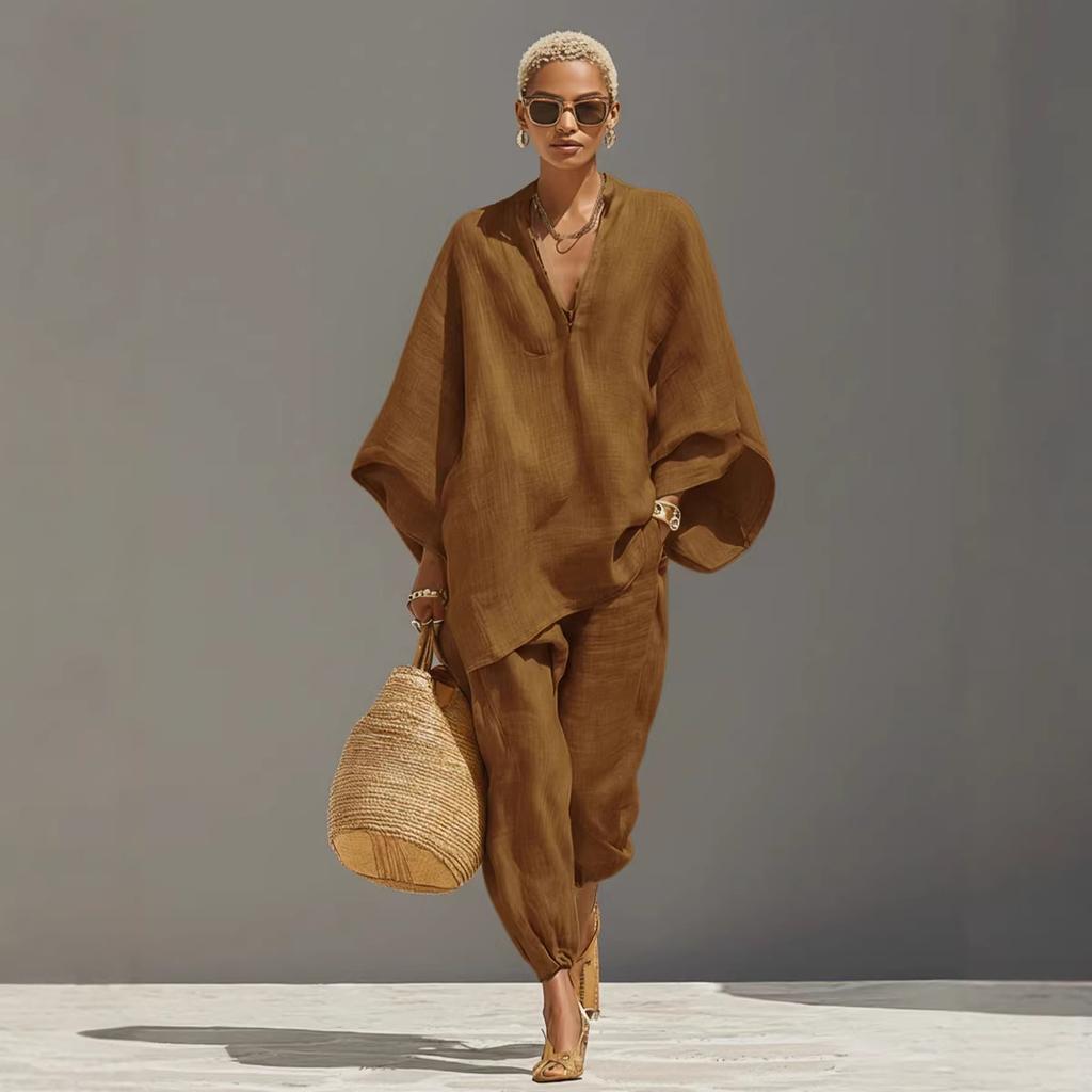 Conjunto de Top Beige de Manga Larga con Cuello en V y Pantalones de Pierna Ancha