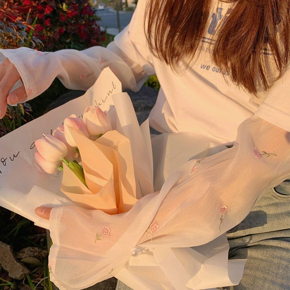 Sun Flower Embroidery Flower Ice Silk Sleeves Pearl Buckle Sunscreen Sleeve Cute   Women