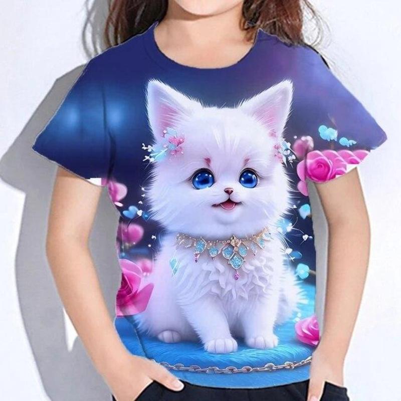 Children's Cartoon Kitten Printed Colorful Round Neck T-shirt for Girls, Fashionable Soft Comfortable T-shirt