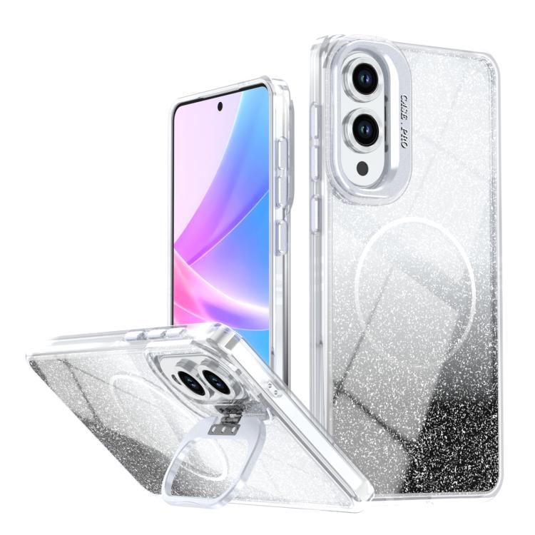 Glitter Gradient Magnetic Phone Case For Samsung Galaxy S25+ / S24+ 5G, Lens Frame Kickstand Wireless Charging Protective Cover