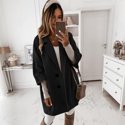 Women Winter Overcoat Turn-down Collar Pockets Solid Color Double-breasted Thickened Loose Fit Coat Thermal Three-quarter Sleeved Commuting