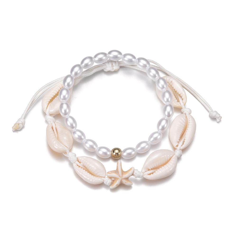 2 PCS Beach Vacation Style Fashion Imitation Pearl Shell Beaded Elastic Rope Bracelet Couple Jewelry Gift