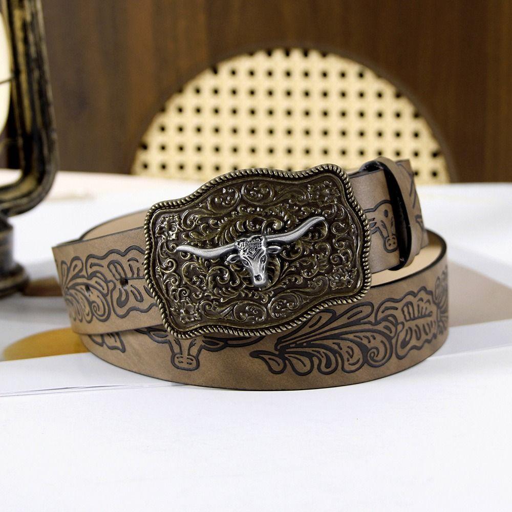 Cow Head Buckle Western Cowboy Belt Retro Waistband Fashion Embossed Belt  For Man Women