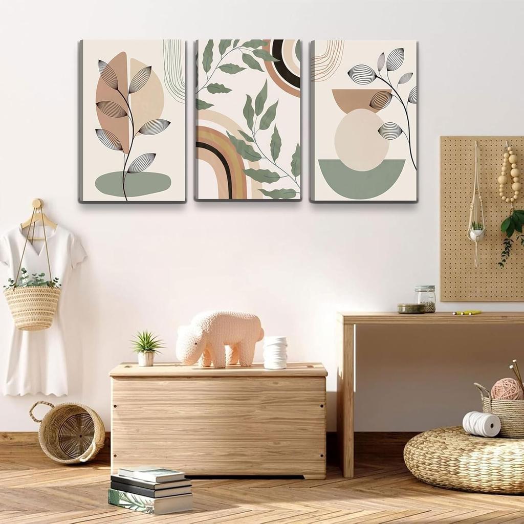 3 pcs Framed Boho Canvas Wall Art Green Sage Botanical Painting Wall Decor Pictures Mid Century Modern Minimalist poster prints for Living Room