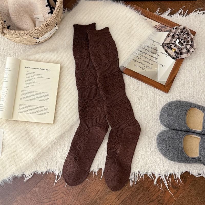 Calf Socks Thickened Wool Stockings Korean Simple Diamond Dark Pattern Half-Leg Socks Slim Calf Socks