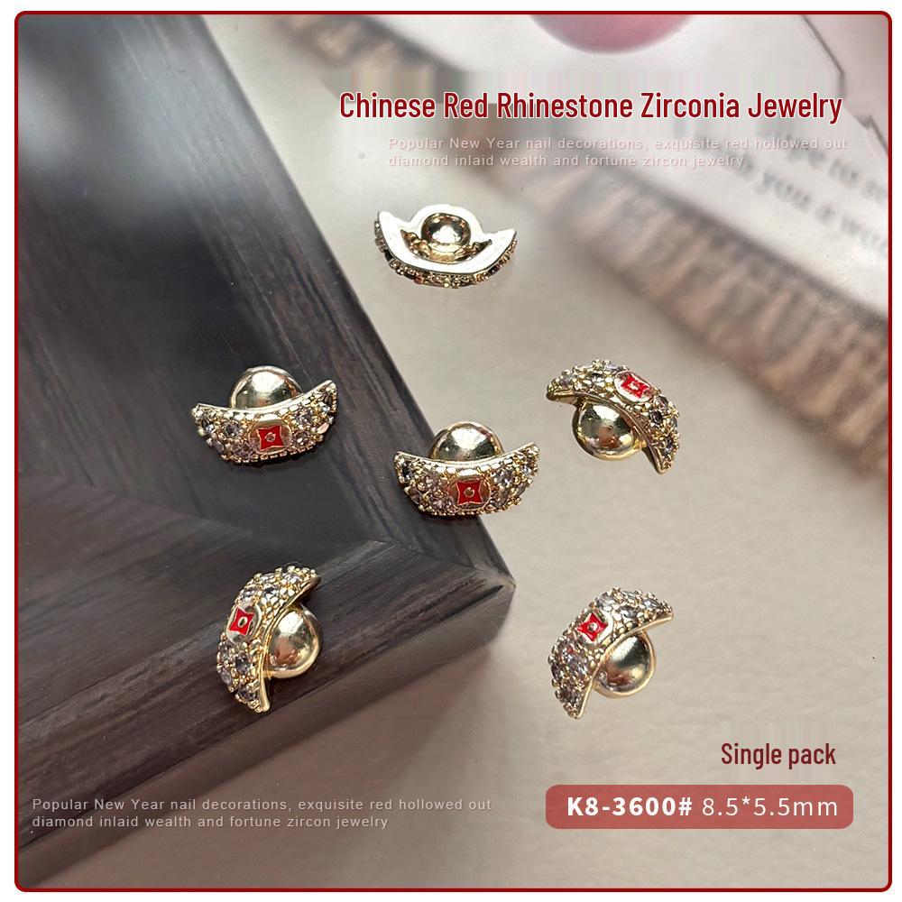 2026 New Year Zircon Nail Art: Festive Red Knot, Fu Character, Goldfish, Coin, and Rhinestone Decorations