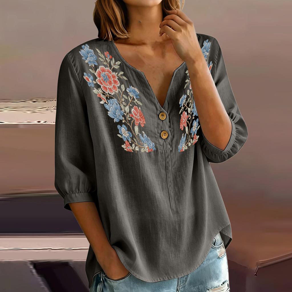 Women Floral Pattern Henley Button Neck Shirt Three Quarter Sleeve Loose Fit Linen Cotton Blouse Casual Top for Daily Wear