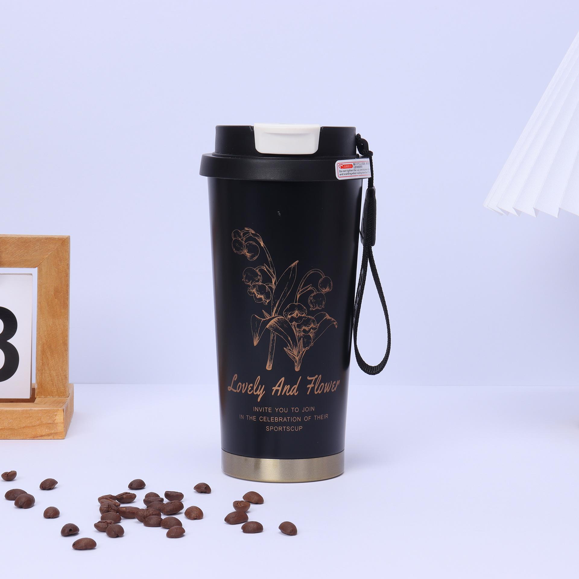 

Термос из нержавеющей стали 304, двухслойный вакуумный портативный стакан для воды, портативный стакан с двойной соломинкой для питья, кофейная чашка «Ландыш» 550ml чёрный