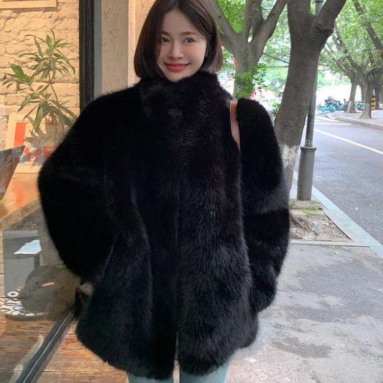 

Зимняя Новая Экологичная Меховая Куртка со Стойкой, Высококлассное Модное Теплое Утолщенное Плюшевое Пальто M