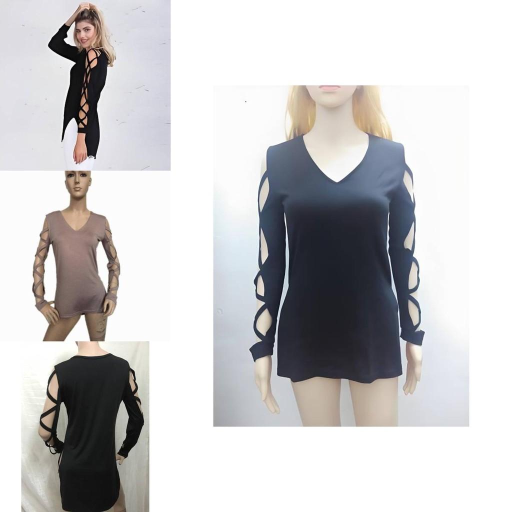 Stylish Black Casual V Neck Short Front Long Back Hollow Out T Shirt For Women