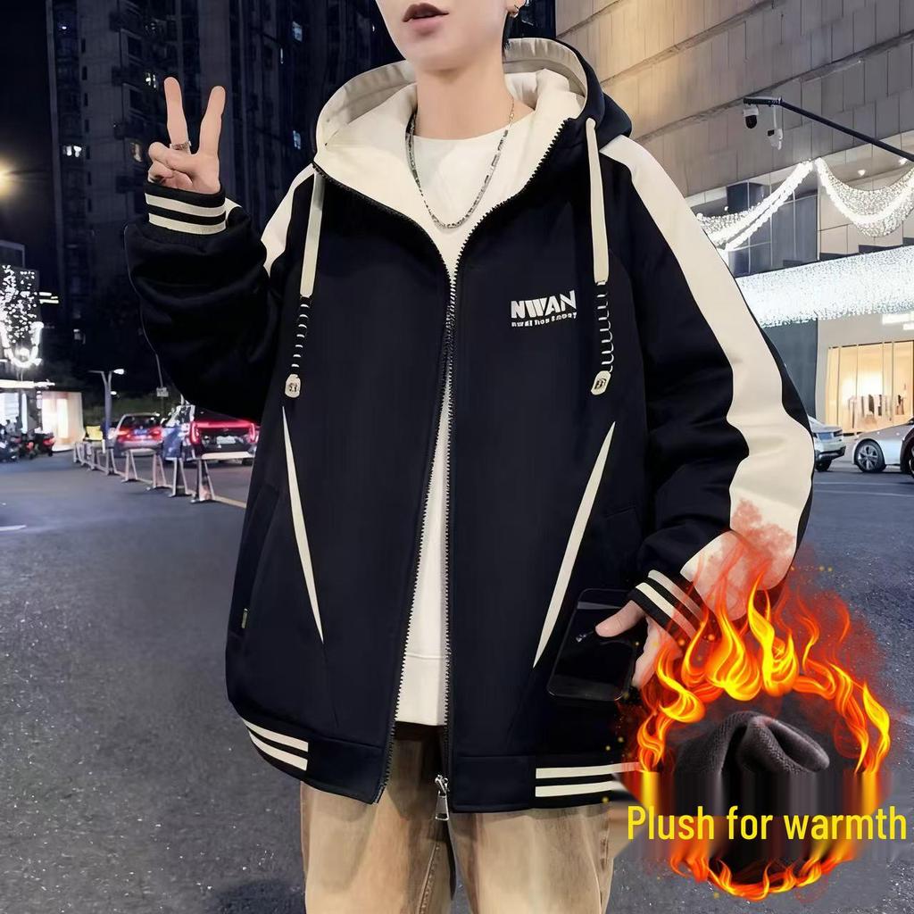 Men's Winter Fleece-Lined Hooded Baseball Jacket - Loose Fit, Plus Size Trend.