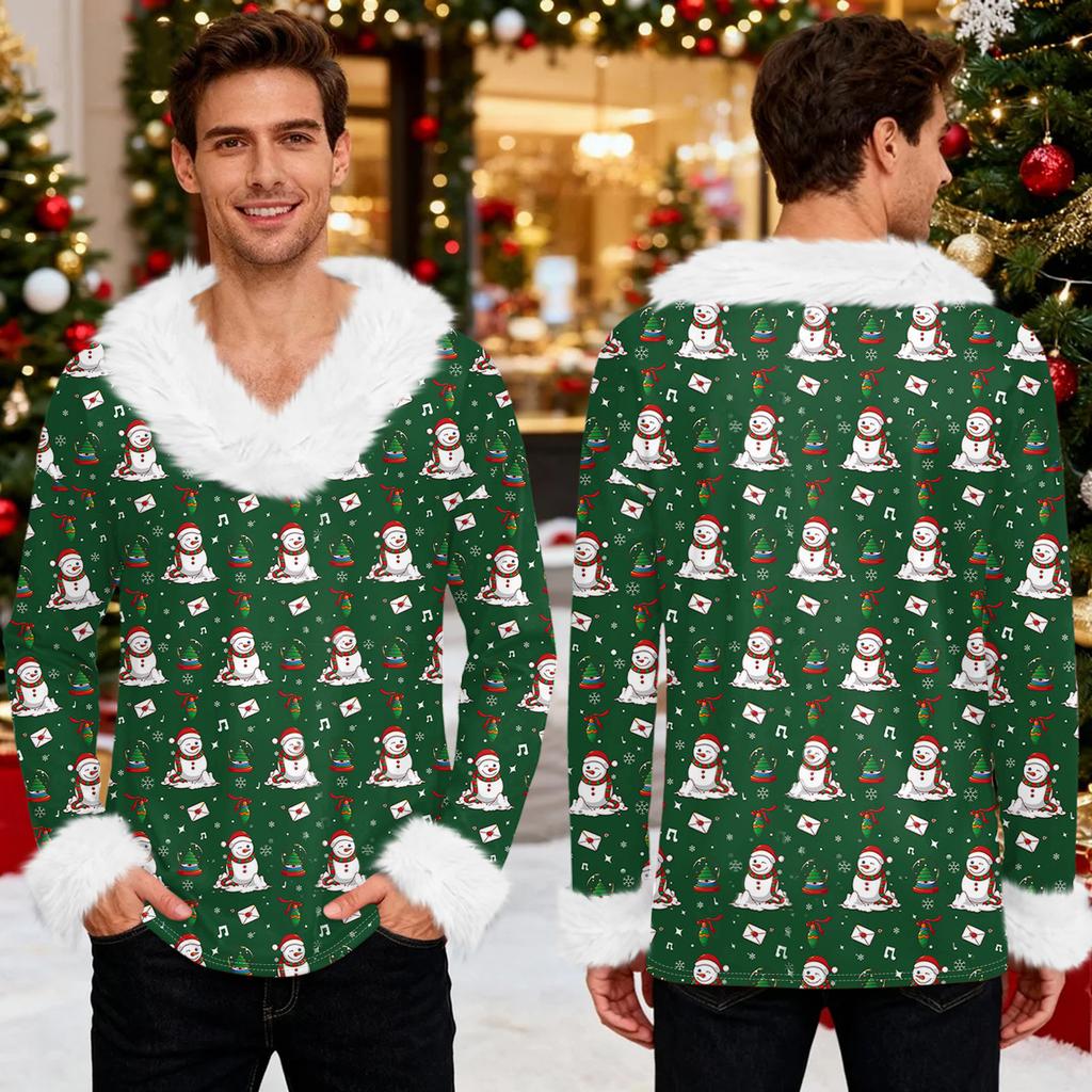 Męska bluza z kapturem z nadrukiem świątecznym, podszyta polarem | Sweter imprezowy z imitacją obszycia i kieszenią | Duży rozmiar, luźny krój, świąteczny pulower