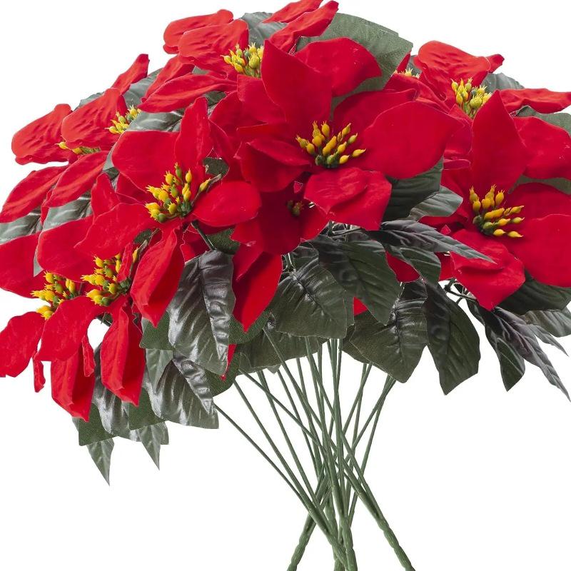 Holiday Artificial Bouquet: Pine Needles, Red Berries, Poinsettia, Faux Flowers for Christmas Home Decor