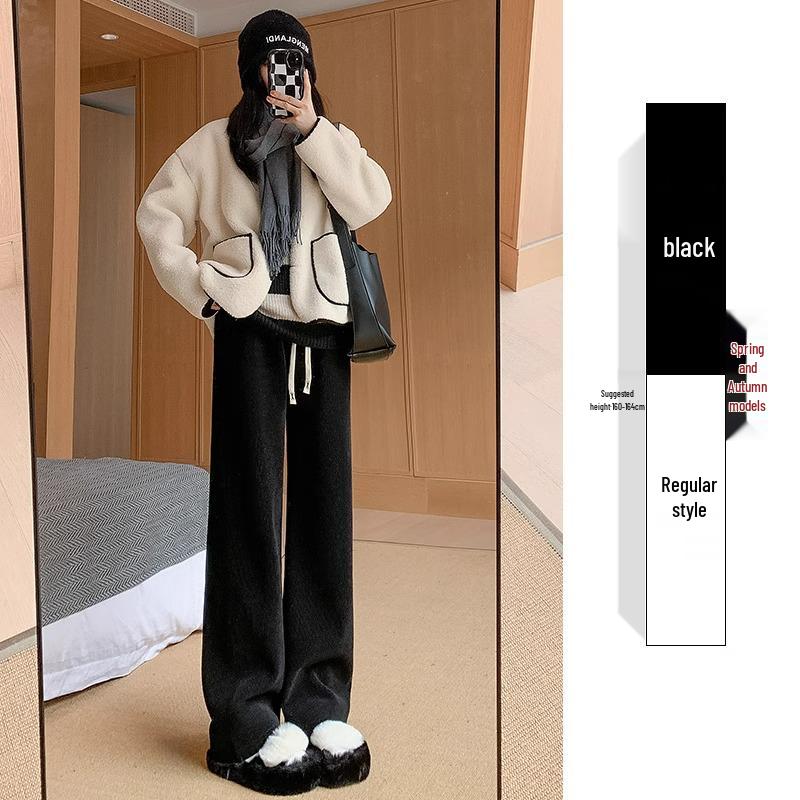 Women's High-Waisted Black Fleece-Lined Floor-Length Pants - 145cm, Straight-Leg/Narrow/Wide-Leg, Autumn/Winter, Petite 150