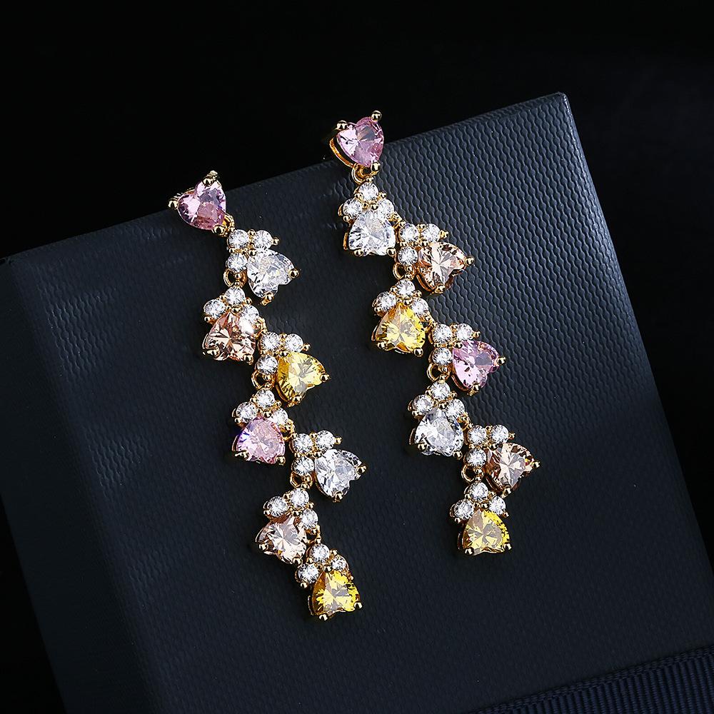 copper Exquisite Zircon Color Love Long Earrings Tassel Luxurious Temperament Colorful Zircon Stud Earrings Party Gift