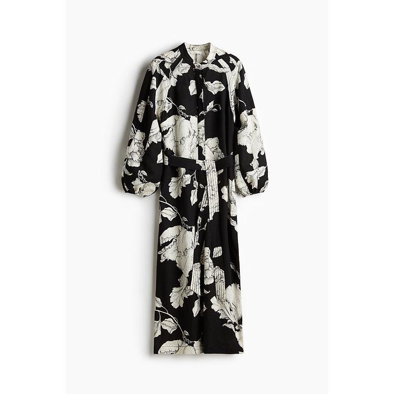 

HM Women s Clothing Dress 2025 Autumn New Arrival French Slim Looking Temperament Waist-Controlled Plant Print Dress 1265584 Black/White Florals 155/76(XXS)