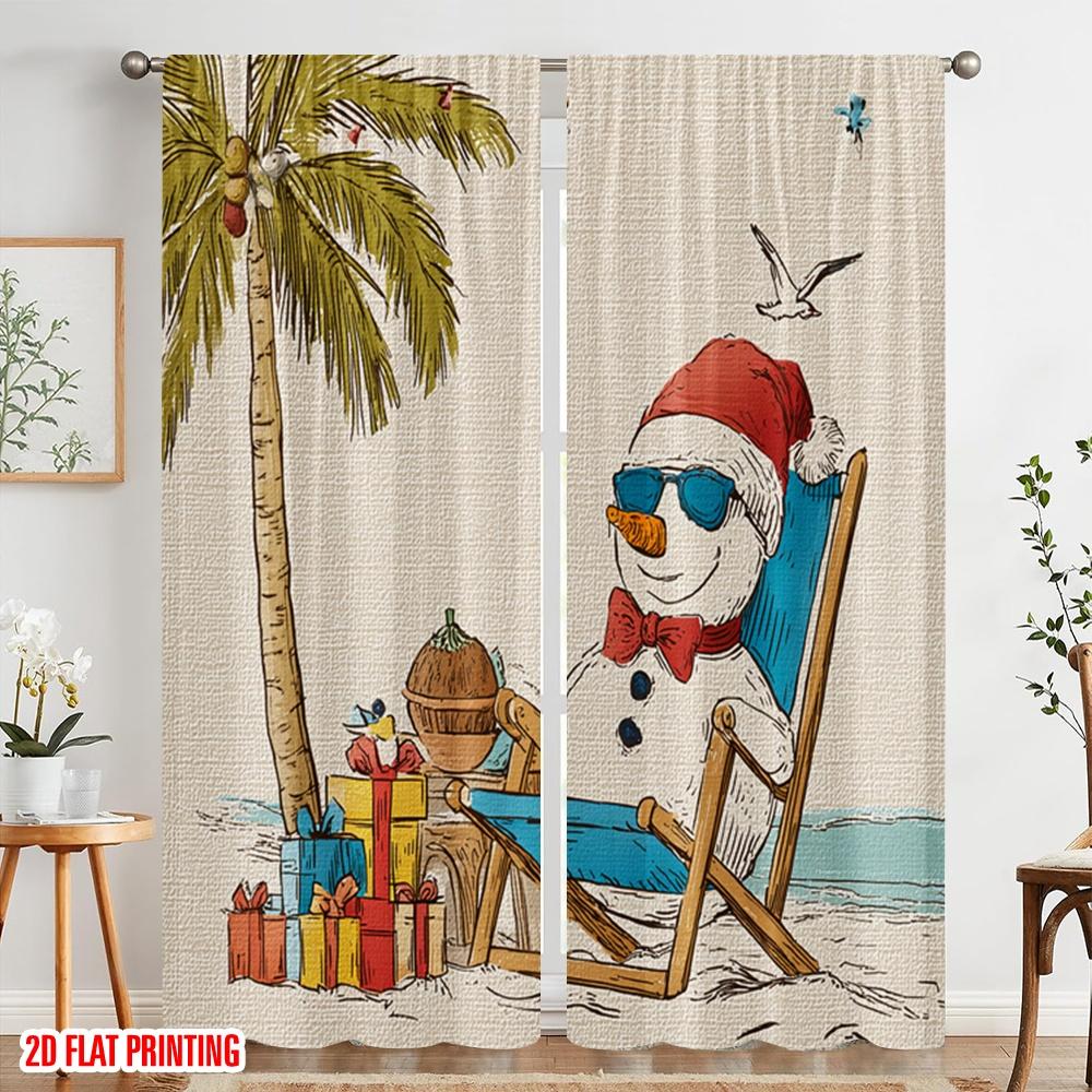 2pcs,2D plane printing Popular Curtain Panels Beach Chair Snowman Polyester (without rod) Art Deco Festive Perfect for Bedroom &