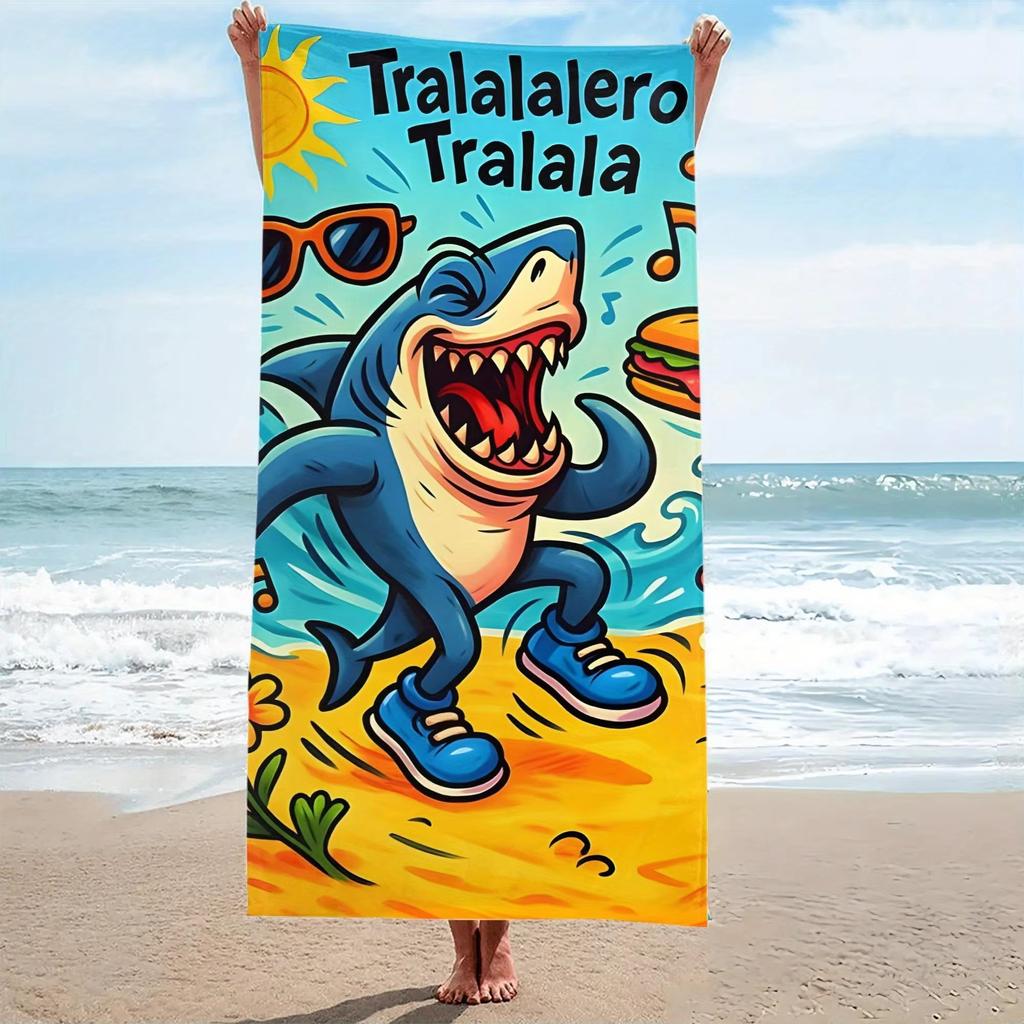 Anti Sand Super Absorbent Quick Drying Shark Tralalero Tralala Beach Towel, Tropical Cartoon Print for Swimming Travel Gift