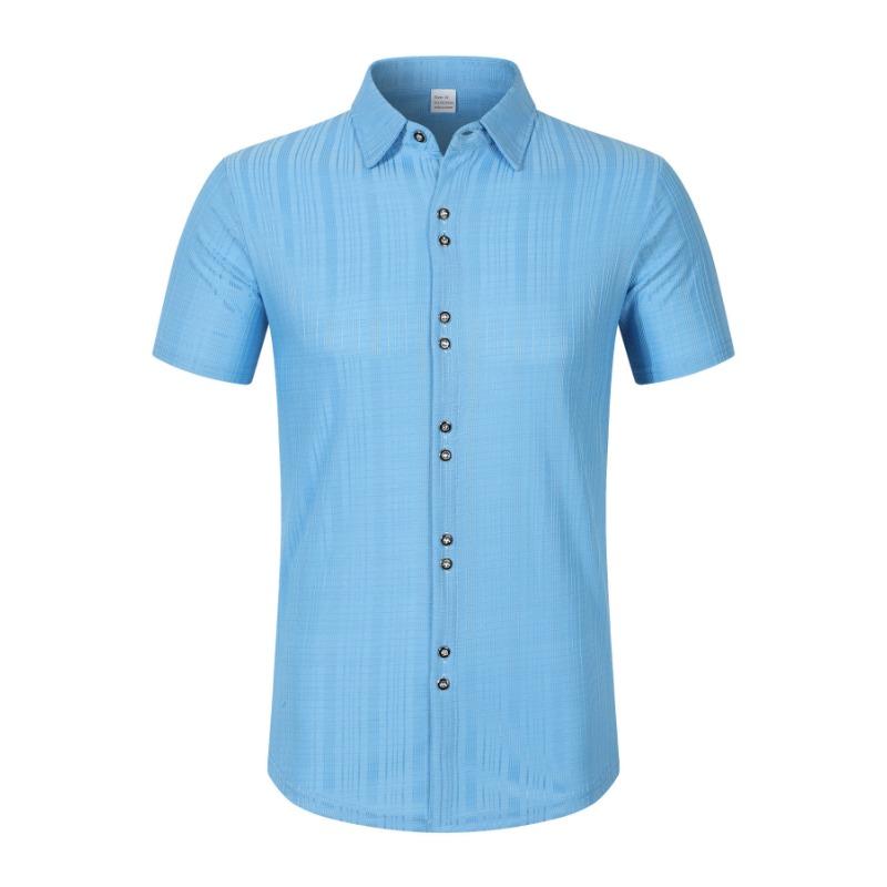 Mens Casual Loose Jacquard Striped Short Sleeve Button Down Shirt