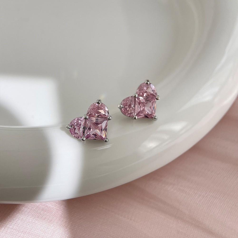 Pink Zircon Heart Bow Earrings for Women with Silver for Everyday Wear