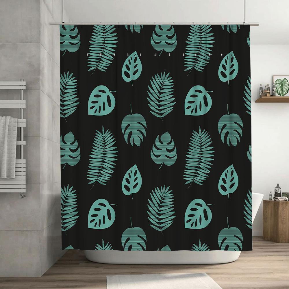 Blue Green Leaf Shower Curtain Waterproof Bath Decoration For Modern Bathroom Decor Dark Green Black Background Print 72X84 In (