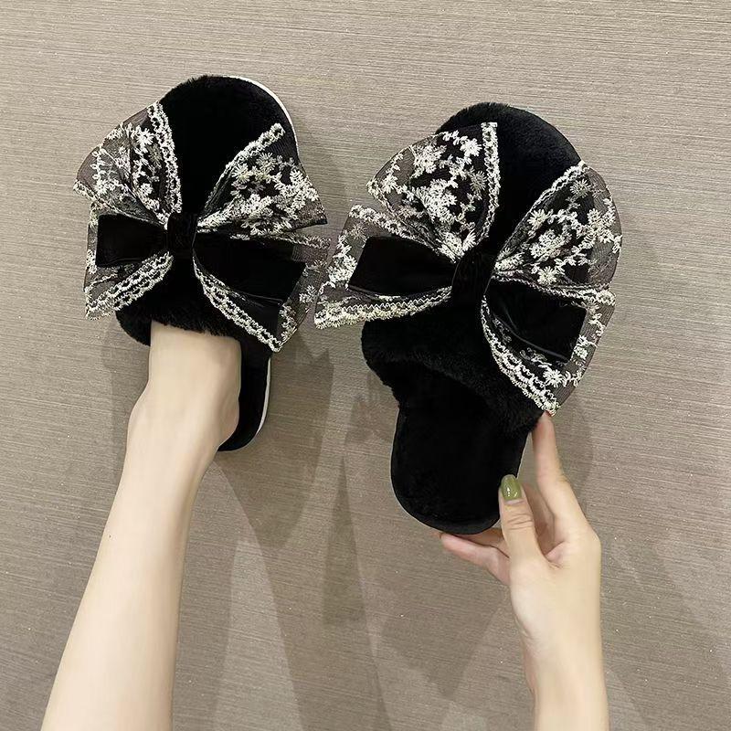 

Мода Zapatos Мода Симпатичные Женские Хлопковые Тапочки 2025 Зима Новые Туфли На Плоской Подошве с Круглым Носком Простой Бант Женская Обувь Chanclas De Mujer 40-41 чёрный