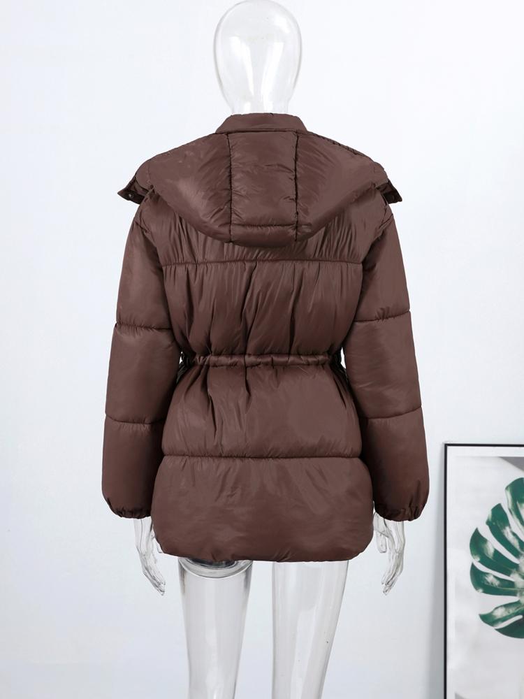 Damen Kapuzen-Baumwolljacke mit Reißverschluss Kordelzug Bindung Locker Warm Braun Baumwollkleidung Leichte Schlanke Jacke Täglicher Arbeitsweg Herbst und Winter