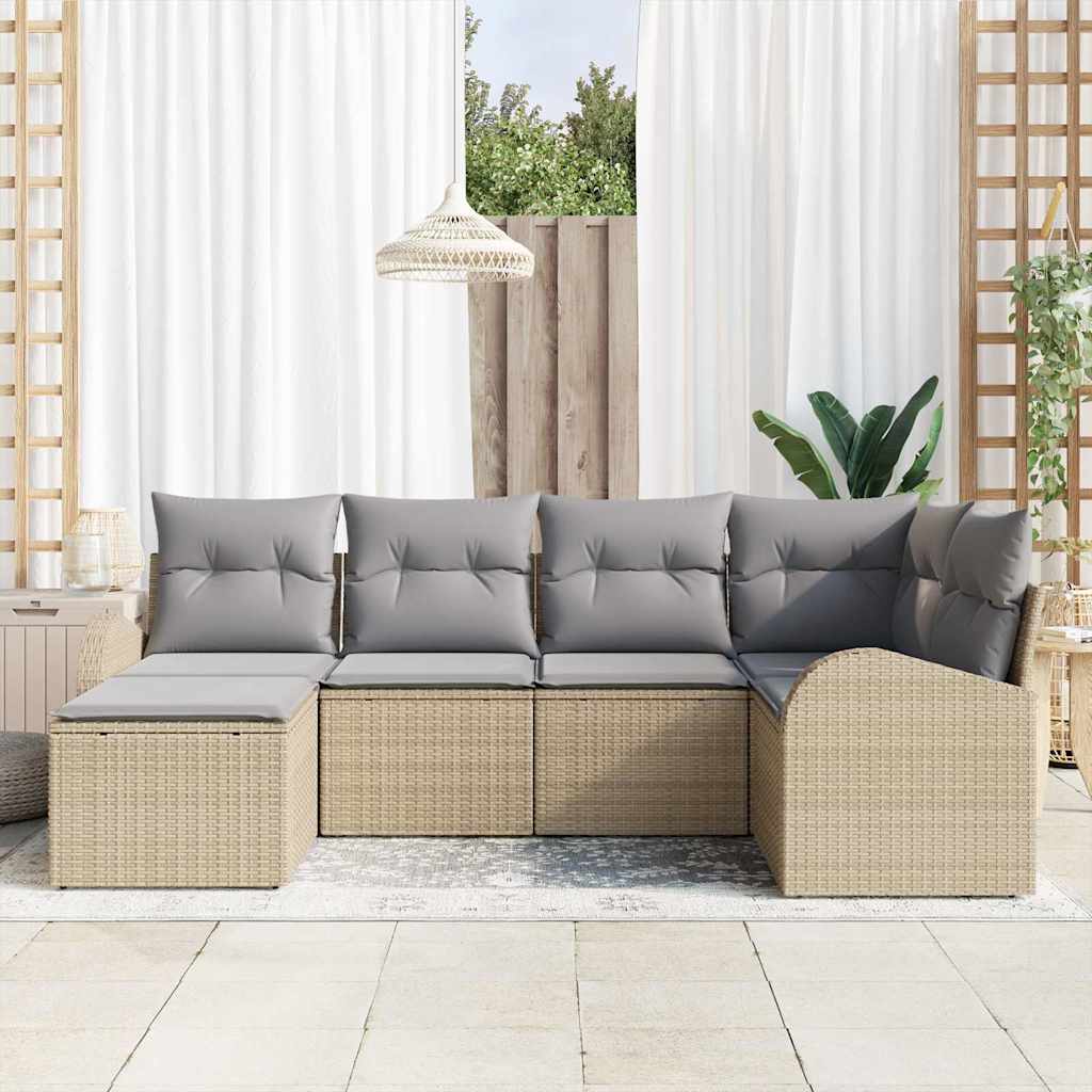 6 Piece Sofa Set with Cushions Beige and Light Grey Poly Rattan