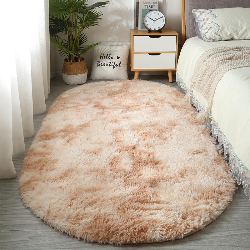 Ins Tie-Dye Oval Silk Wool Rug: Long Pile Carpet for Living Room, Bedroom, Bedside, Cloakroom, Decorative Floor Mat