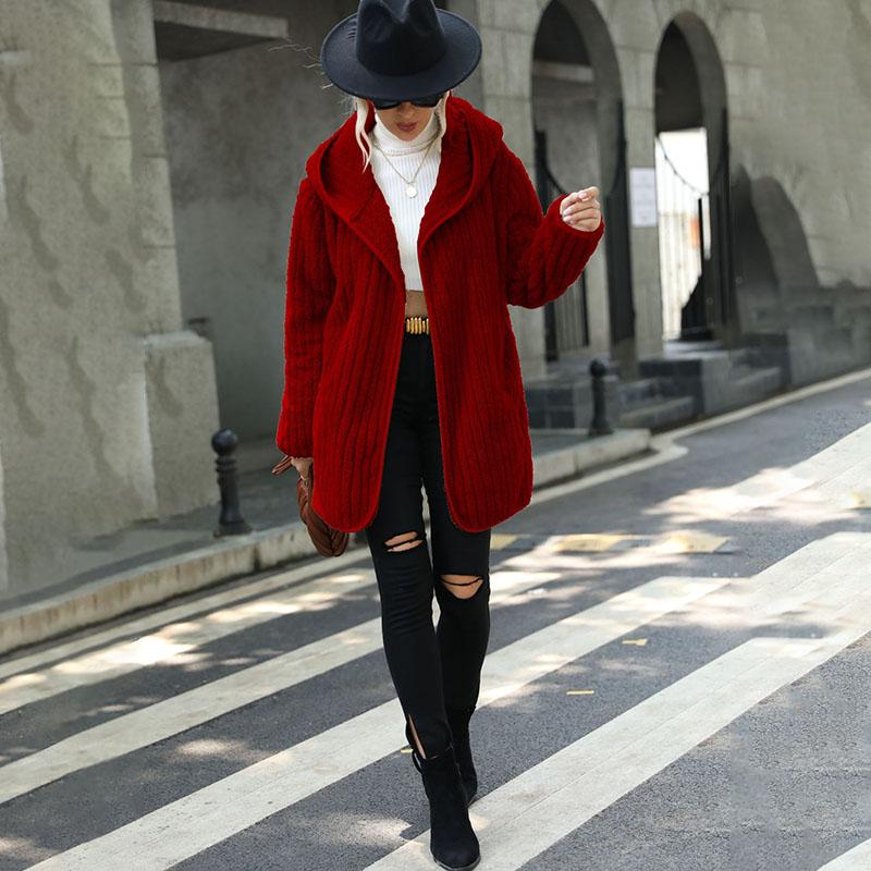 Hooded Double-sided Plush Cardigan Jacket Women's Loose Buttonless Outerwear Solid Color Long Sleeved Coat Warm Casual Autumn and Winter