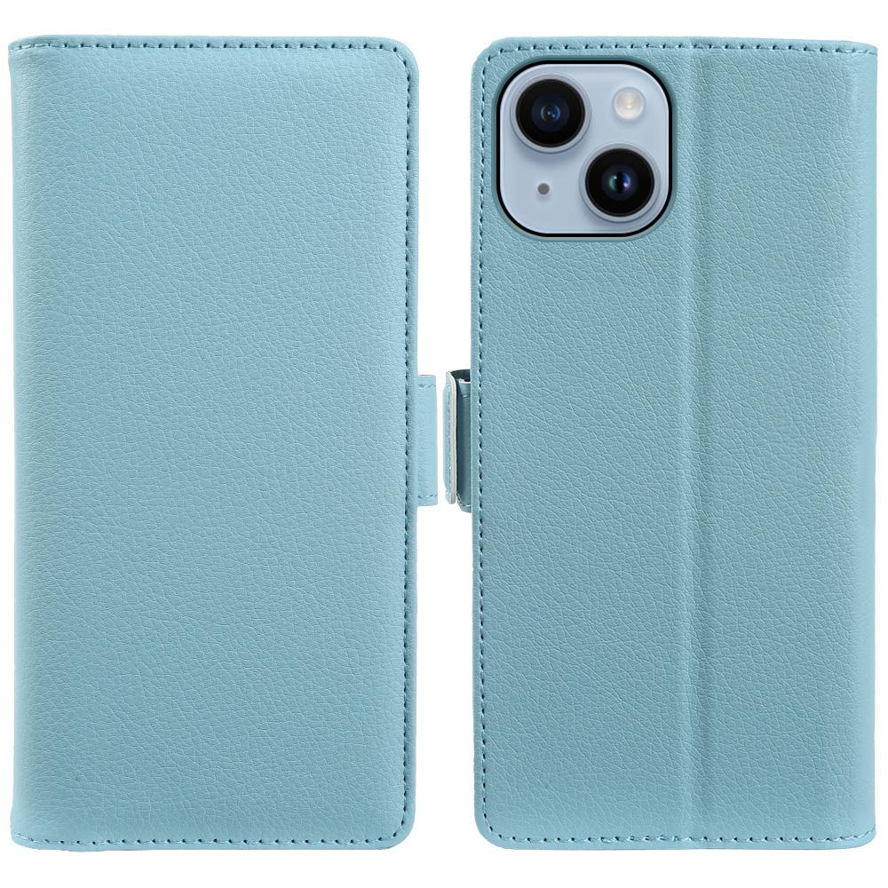 For iPhone 14 Wallet Case with Dual Magnetic Clasp Litchi Textured Leather Flip Stand Phone Cover