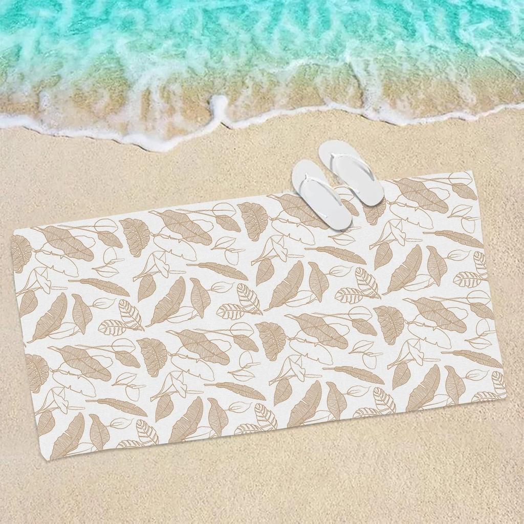 Beige Line Art Tropical Leaf Beach Towel, Quick Dry Sand‑Free Microfiber Towel For Summer Beach Pool Travel Camping
