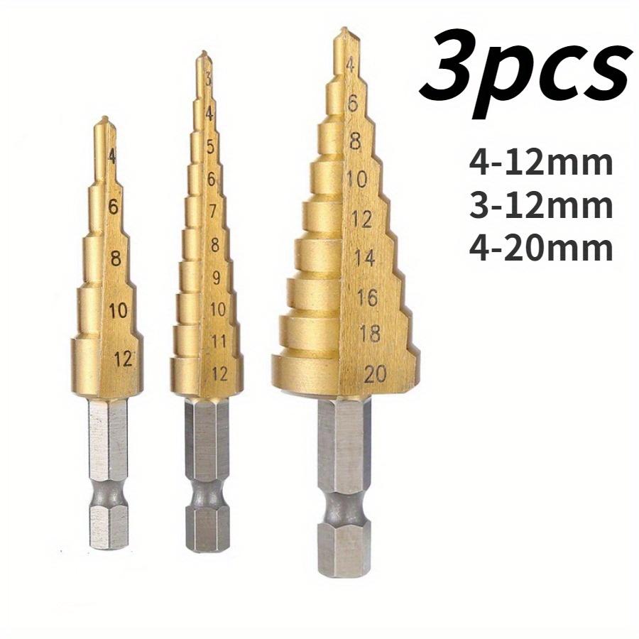 

3 шт./компл., шестиугольный хвостовик, прямой слот, титановое покрытие, лестничное сверло, 3-12 мм, 4-12 мм, 4-20 мм, комплект сверл, сверло в форме пагоды, в коробке 3pcs