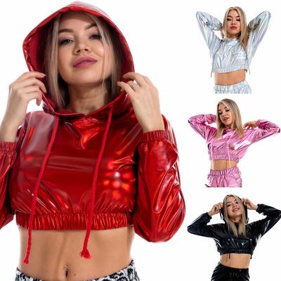 Damen Glänzendes Metallic-Crop-Top Holografisches Langarm-Kapuzenpullover-Kurz-Sweatshirt für Clubnacht-Party-Disko