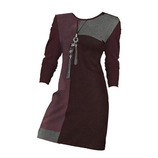 Women Spring Dress Color Matching Geometric Round Neck Long Sleeve Loose Pullover Soft Above Knee Length Casual Daily Mini Dress