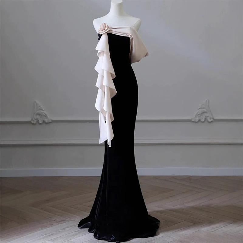 Black Evening Dress New One-word Shoulder Light Luxury Niche Banquet Host Waist Fishtail Dress Dress