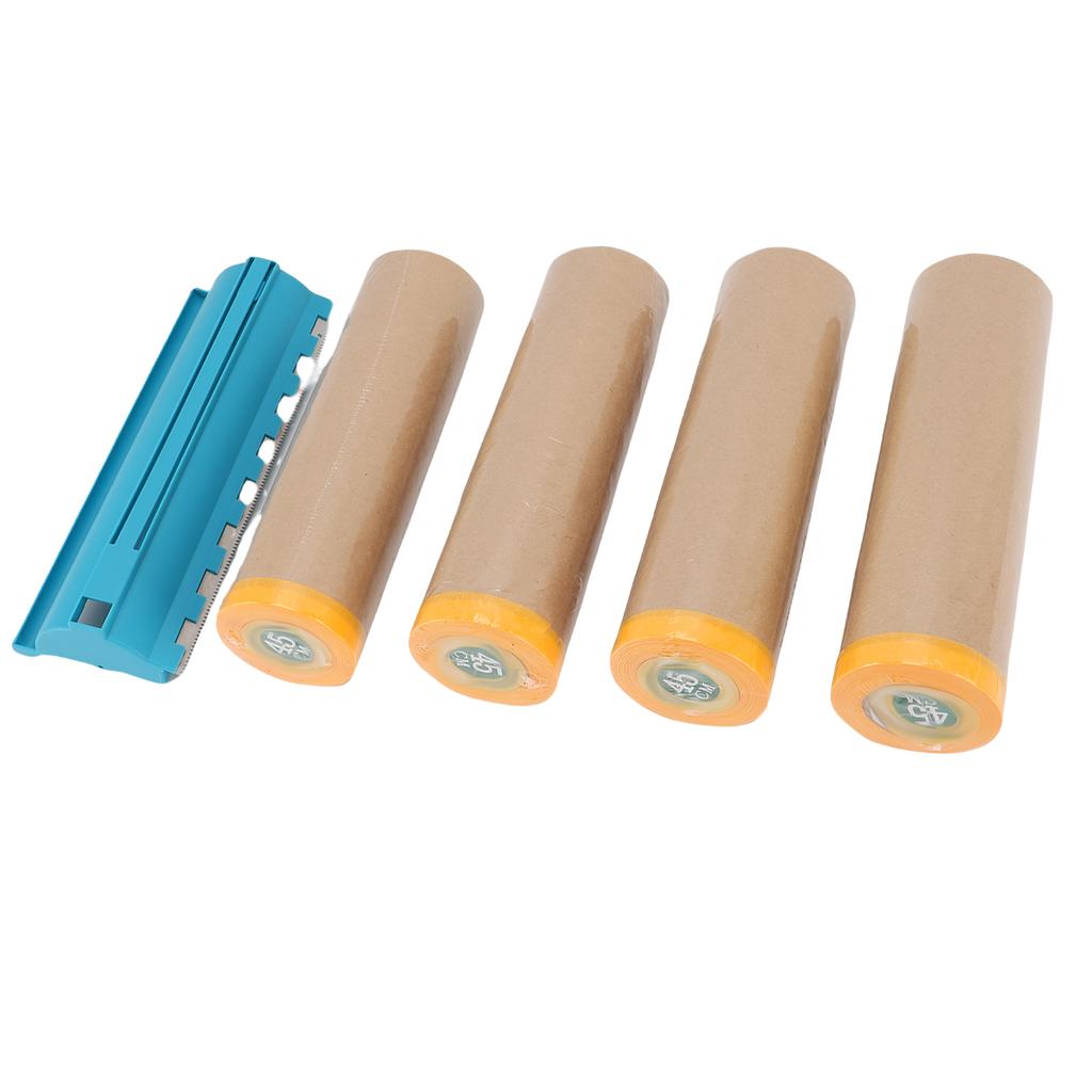 4 Rolls Pre Taped Masking Paper with Dispenser 18 Inch 80 Feet Paint Adhesive Protective Paper Roll for Covering Skirting Frames Cars Auto Body